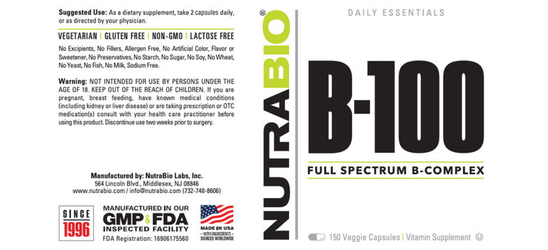 Vitamin B-100 Complex - 90 Vegetable Capsules 