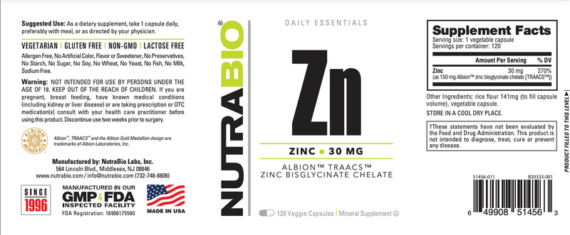 Zinc 30 mg - 120 gélules végétales
